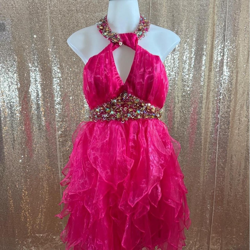 NWT Polly USA Pink Beaded Halter Ruffle Tiered Organza Prom Pageant Dress/Size M